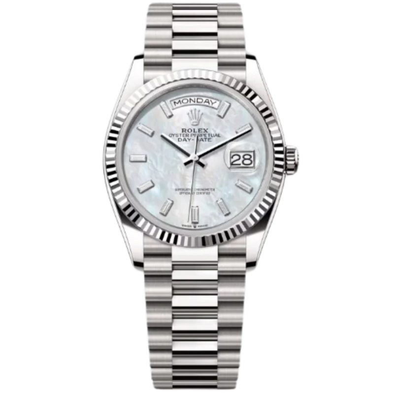 Rolex Day-Date Ref. 128239 36MM White Gold Case Mother of Pearl Dial with Baguette Diamonds - Rolex