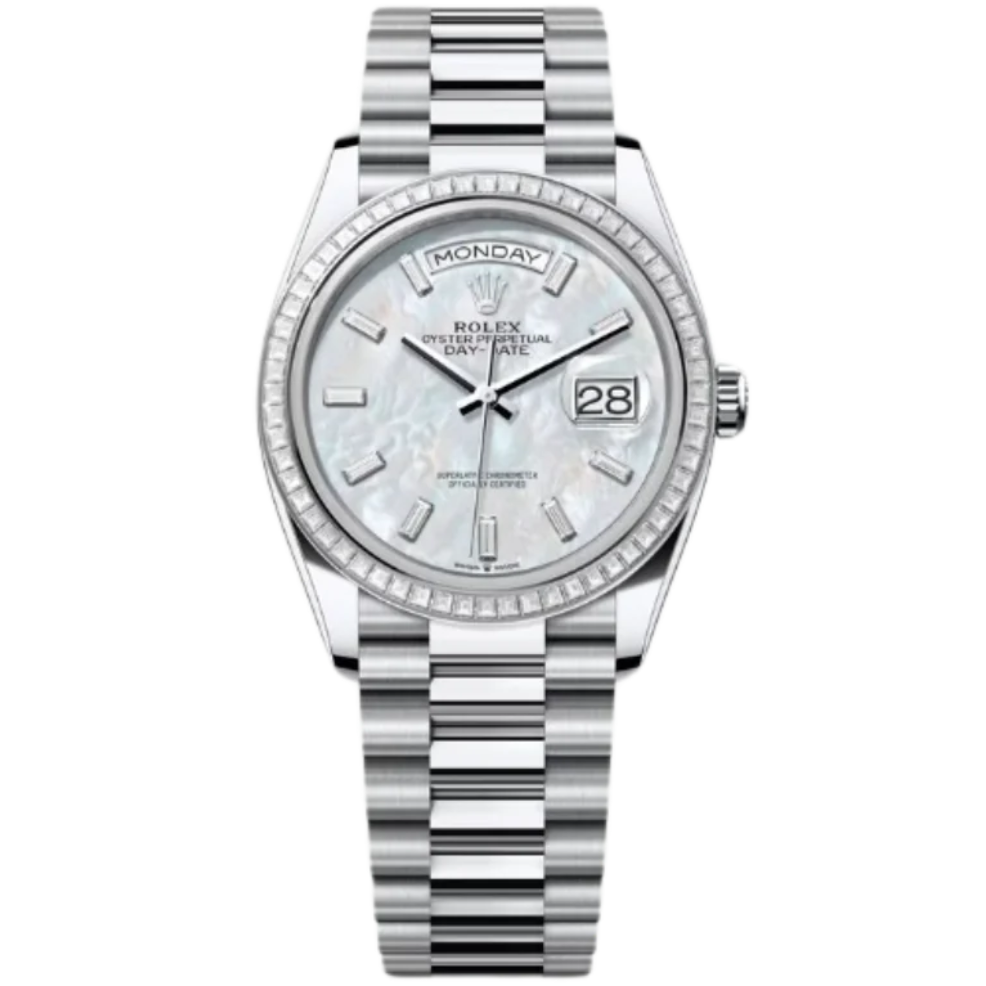 Rolex Day-Date Ref. 128396TBR 36MM Platinum Case Mother of Pearl Dial with Baguette Diamonds and Diamond Bezel - Rolex