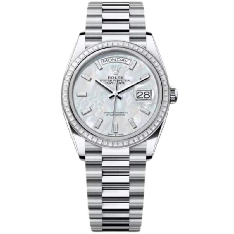 Rolex Day-Date Ref. 128396TBR 36MM Platinum Case Mother of Pearl Dial with Baguette Diamonds and Diamond Bezel - Rolex