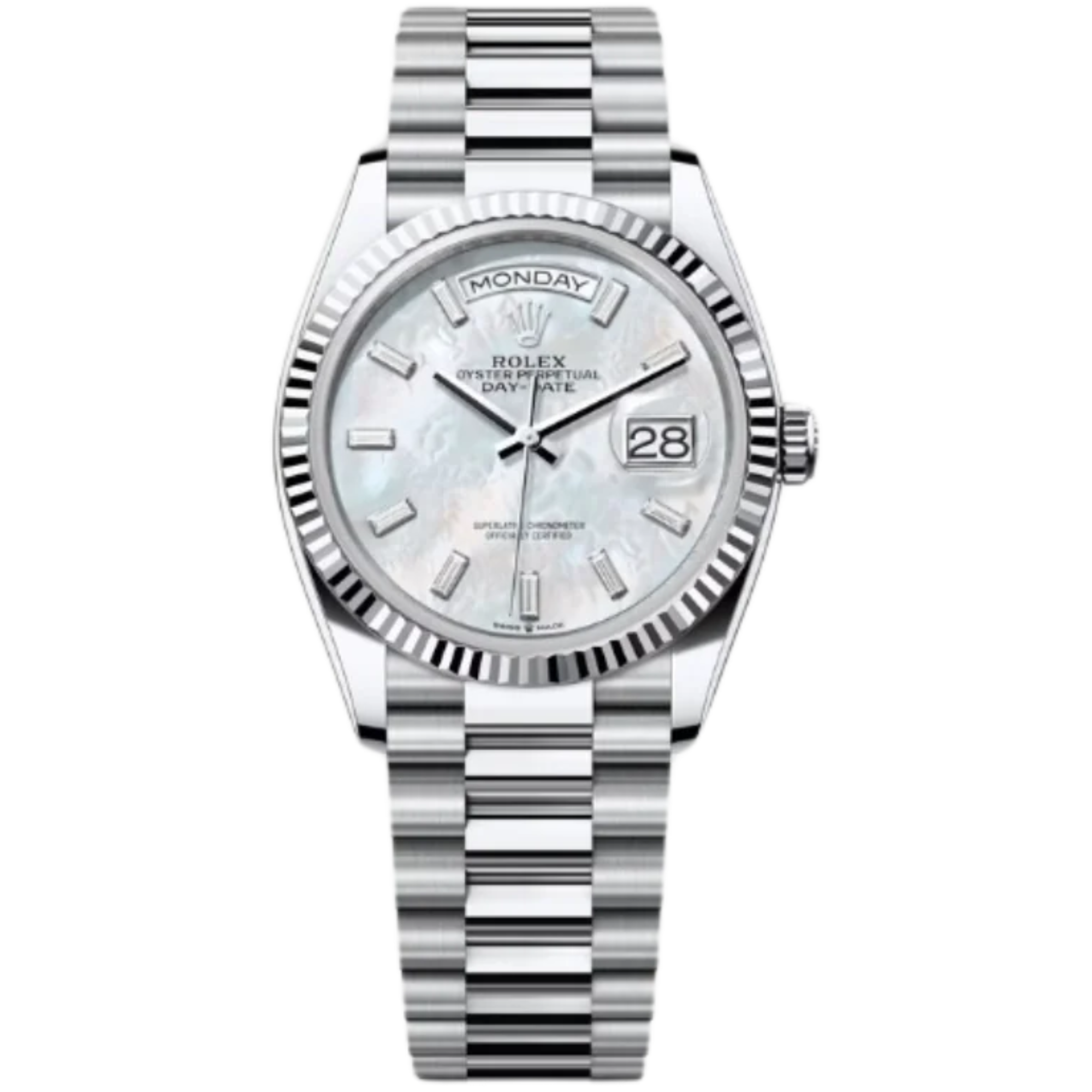 Rolex Day-Date Ref. 128236 36MM Platinum Case Mother of Pearl Dial with Baguette Diamonds - Rolex