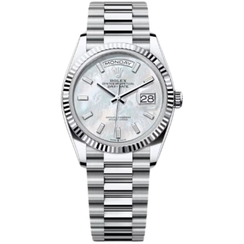 Rolex Day-Date Ref. 128236 36MM Platinum Case Mother of Pearl Dial with Baguette Diamonds - Rolex