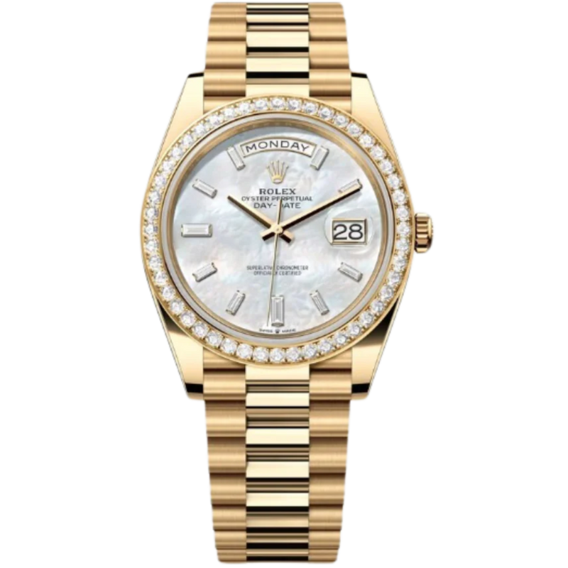 Rolex Day-Date Ref. 228348TRB 40MM Yellow Gold Case Mother of Pearl Dial with Baguette Diamonds and Diamond Set Bezel - Rolex