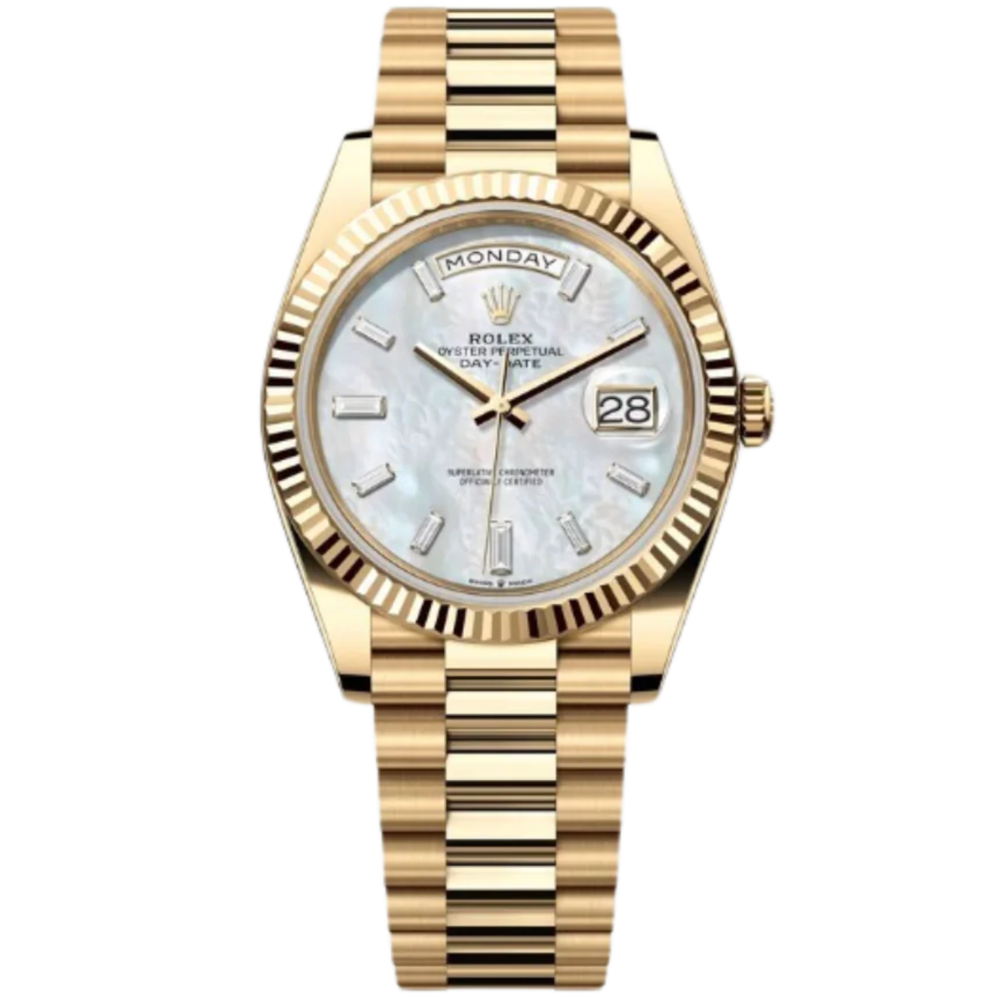 Rolex Day-Date Ref. 228238 40MM Yellow Gold Case Mother of Pearl Dial Baguette Diamonds - Rolex