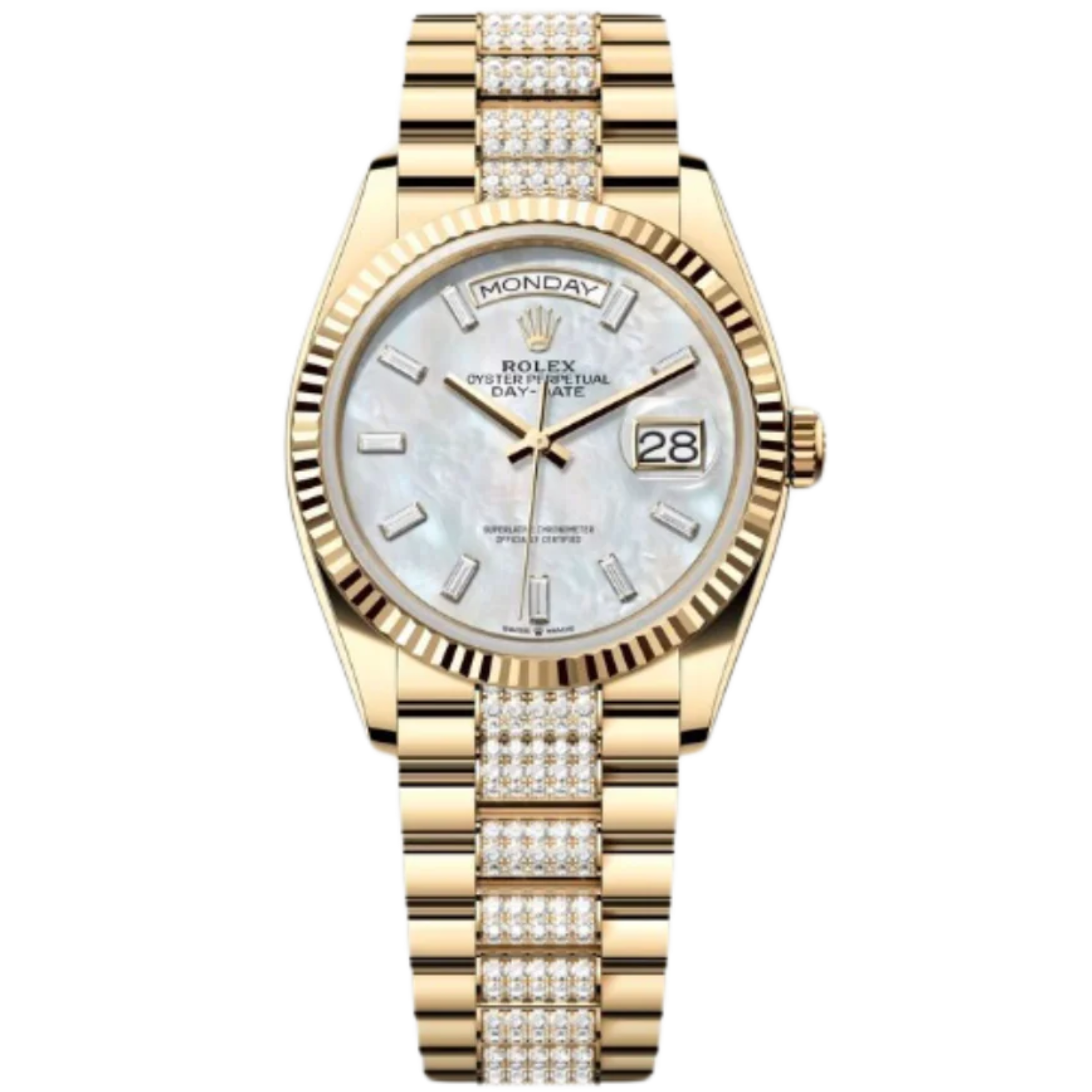 Rolex Day-Date Ref. 128238 36MM Yellow Gold Case Mother of Pearl Dial with Baguette Diamond Set and Links - Rolex