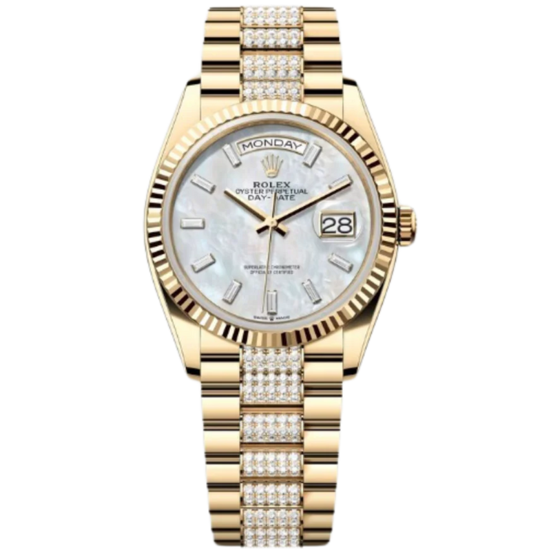 Rolex Day-Date Ref. 128238 36MM Yellow Gold Case Mother of Pearl Dial with Baguette Diamond Set and Links - Rolex