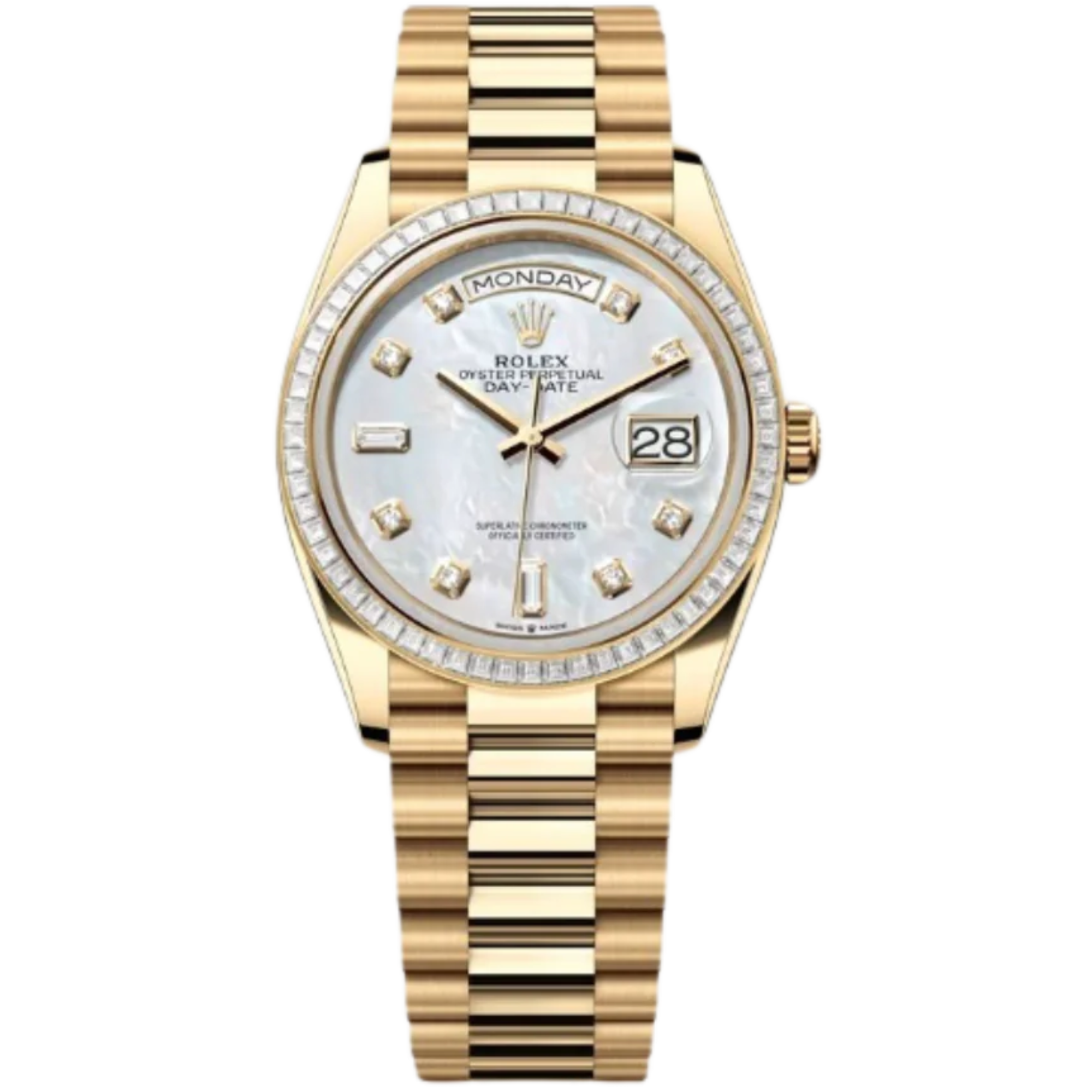 Rolex Day-Date Ref. 128398TBR 36MM Yellow Gold Case Mother of Pearl Dial Diamond Set Bezel - Rolex