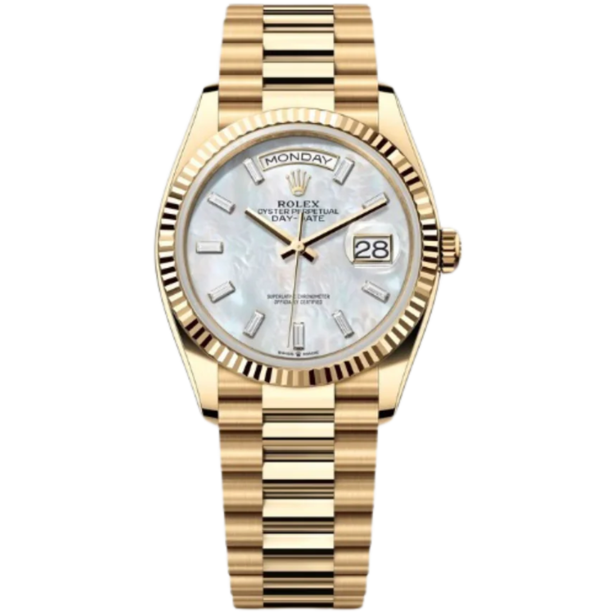 Rolex Day-Date Ref. 128238 36MM Yellow Gold Case Mother of Pearl Dial Baguette Diamonds - Rolex