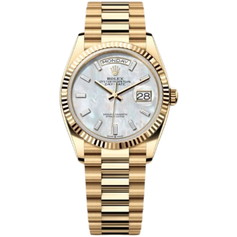 Rolex Day-Date Ref. 128238 36MM Yellow Gold Case Mother of Pearl Dial Baguette Diamonds - Rolex