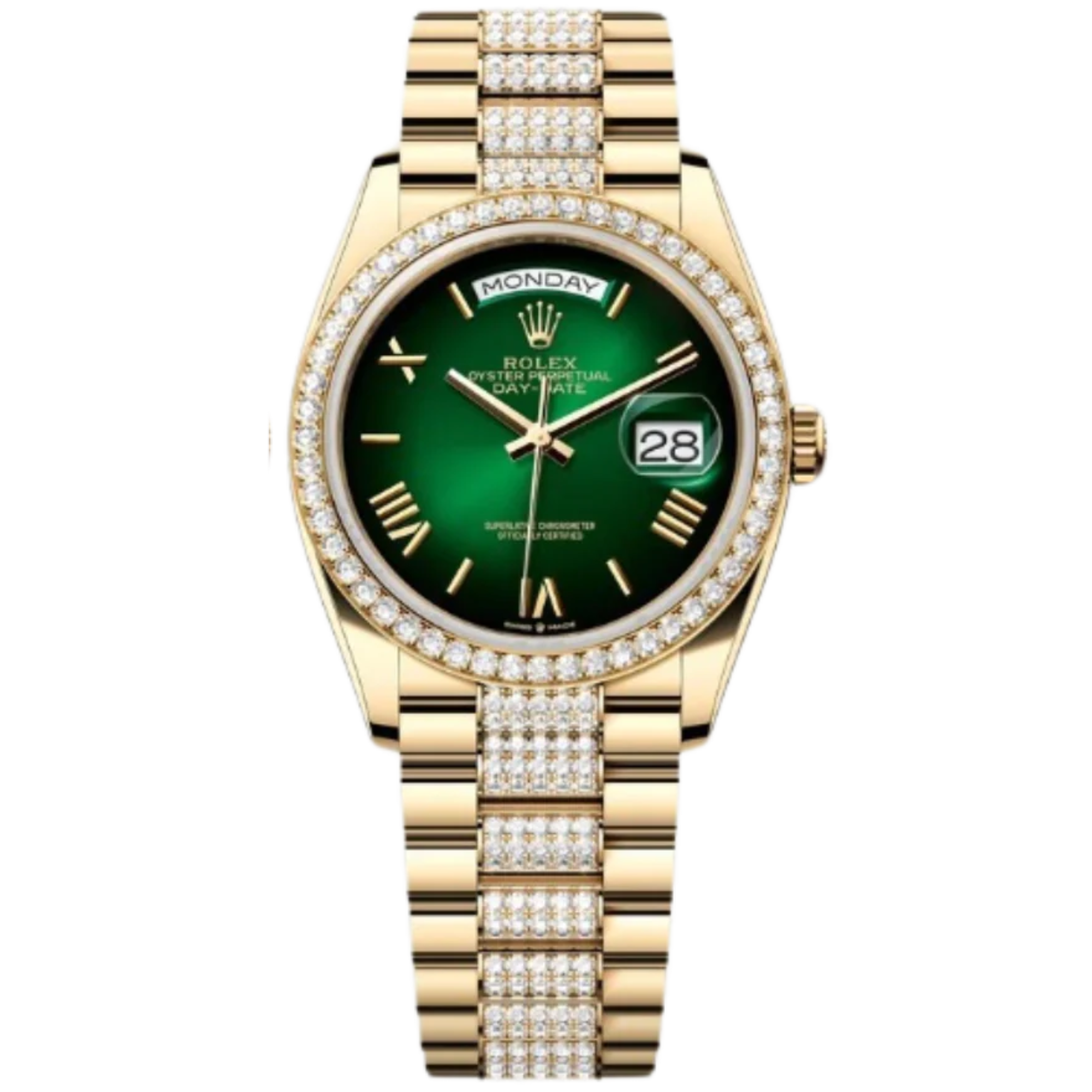 Rolex Day-Date Ref. 128348RBR 36MM Yellow Gold Case Ombré Green Dial Diamond Set Bezel and Links - Rolex