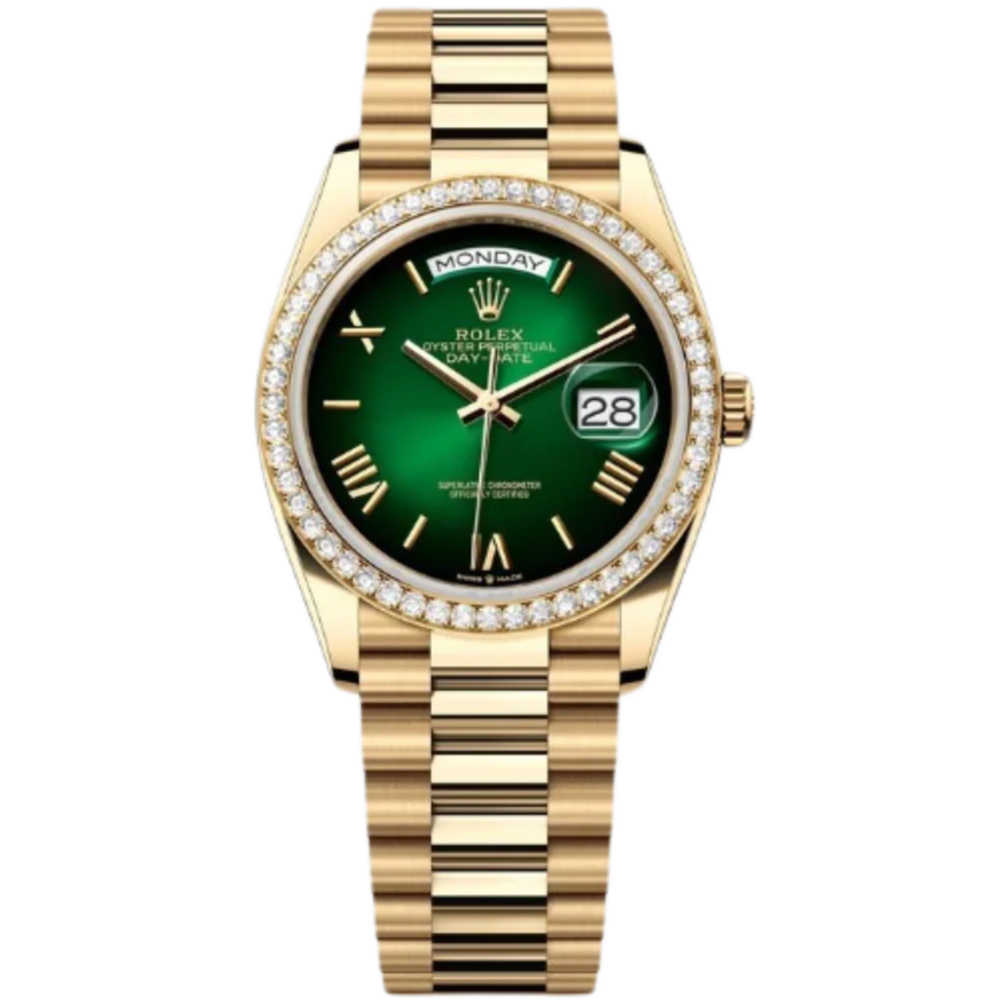 Rolex Day-Date Ref. 128348RBR 36MM Yellow Gold Case Ombré Green Dial Diamond Set Bezel - Rolex
