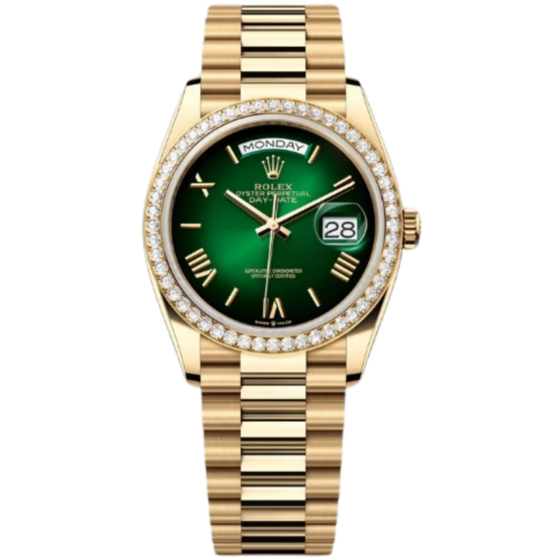 Rolex Day-Date Ref. 128348RBR 36MM Yellow Gold Case Ombré Green Dial Diamond Set Bezel - Rolex