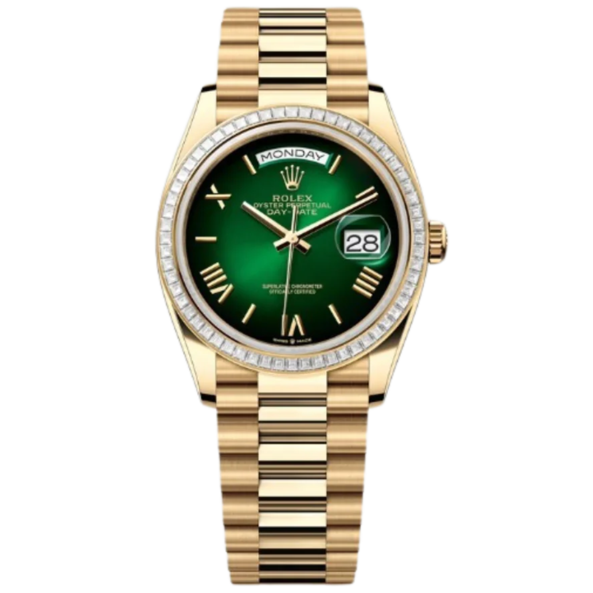 Rolex Day-Date Ref. 128398TBR 36MM Yellow Gold Case Ombré Green Dial Diamond Set Bezel - Rolex