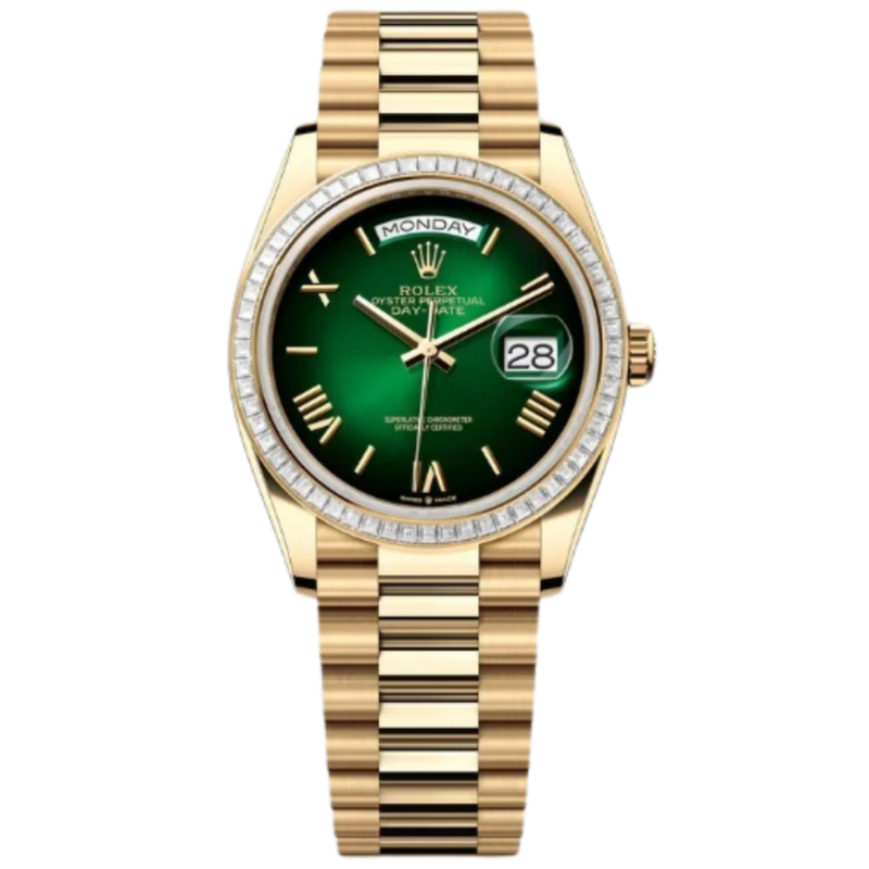 Rolex Day-Date Ref. 128398TBR 36MM Yellow Gold Case Ombré Green Dial Diamond Set Bezel - Rolex