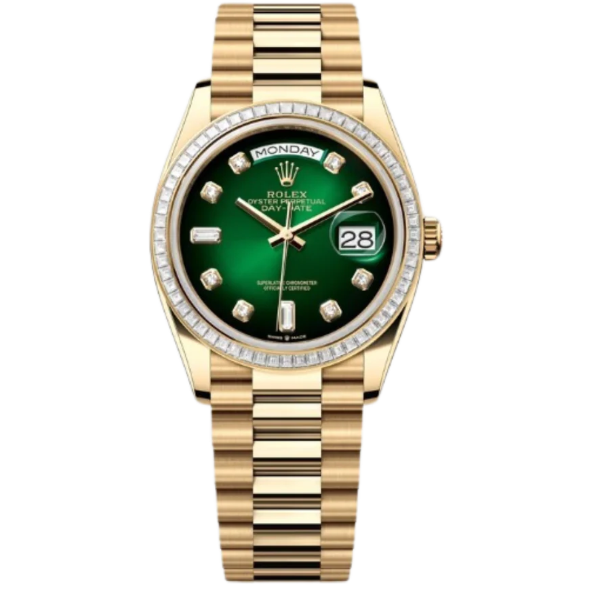 Rolex Day-Date Ref. 128398TBR 36MM Yellow Gold Case Ombré Green Dial Diamond Bezel and Markers - Rolex