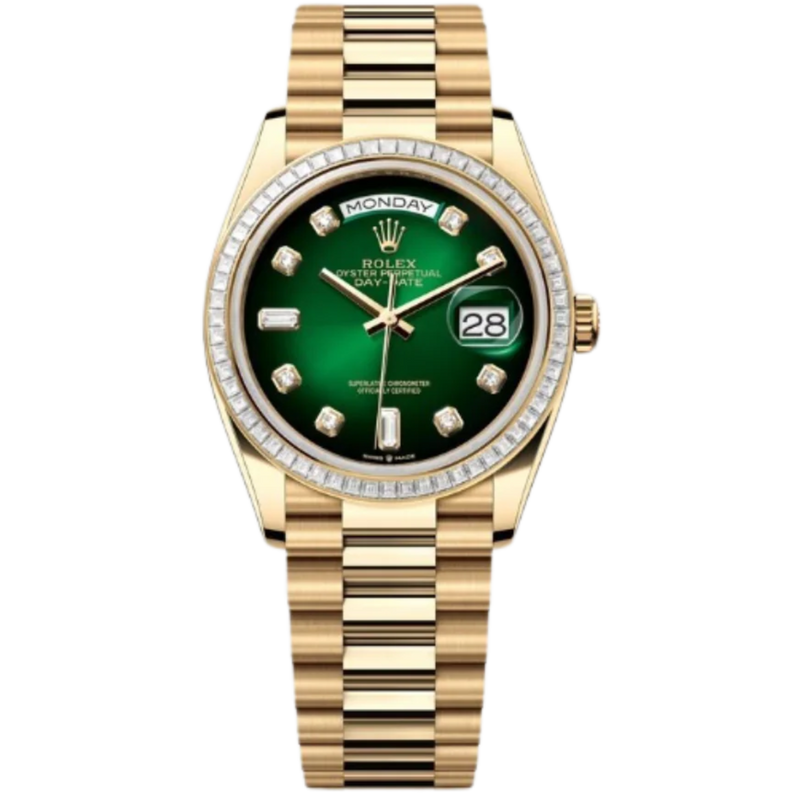 Rolex Day-Date Ref. 128398TBR 36MM Yellow Gold Case Ombré Green Dial Diamond Bezel and Markers - Rolex