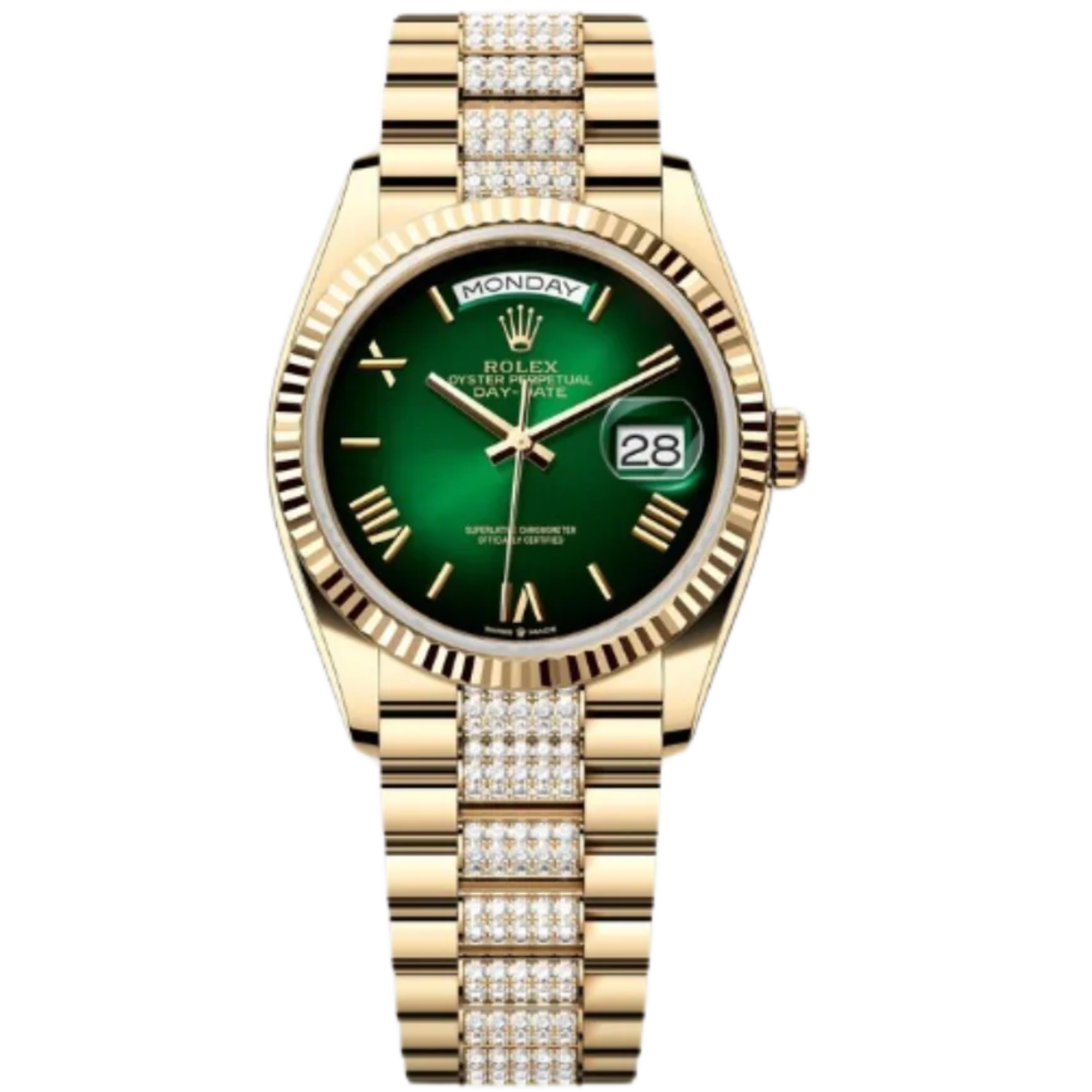 Rolex Day-Date Ref. 128238 36MM Yellow Gold Case Ombré Green Dial Diamond Set Links - Rolex