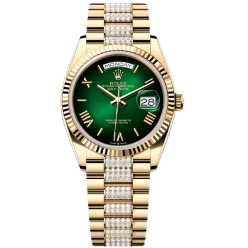 Rolex Day-Date Ref. 128238 36MM Yellow Gold Case Ombré Green Dial Diamond Set Links - Rolex
