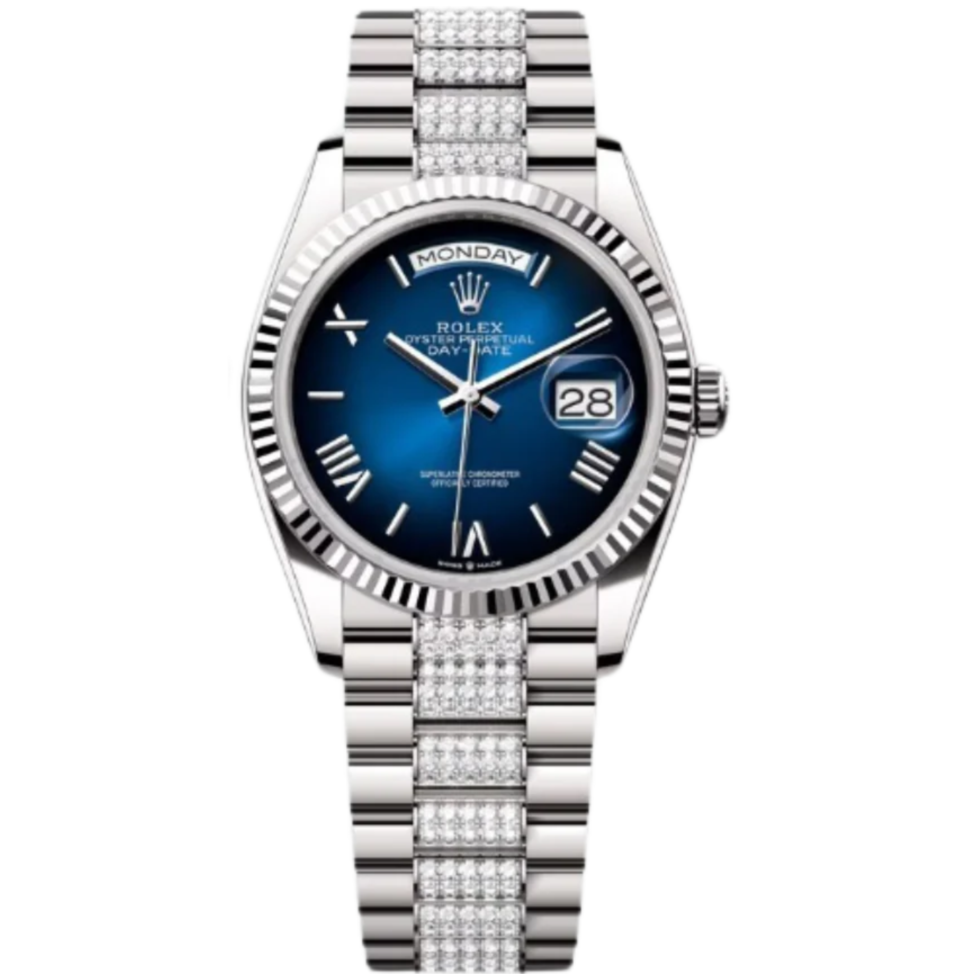 Rolex Day-Date Ref. 128239 36MM White Gold Case Ombré Blue Dial Diamond Set Links - Rolex
