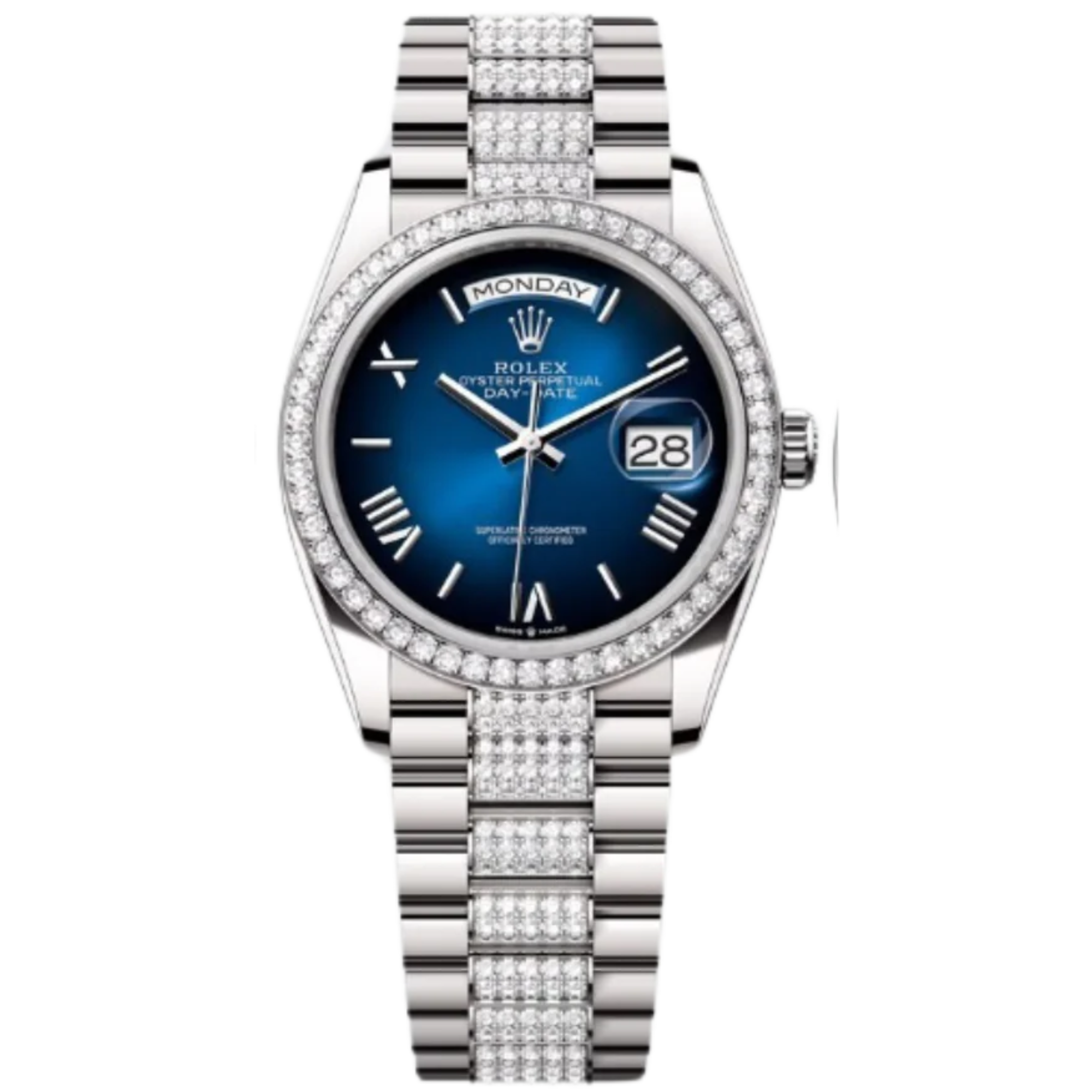 Rolex Day-Date Ref. 128349RBR 36MM White Gold Case Ombré Blue Dial Diamond Bezel and Links - Rolex