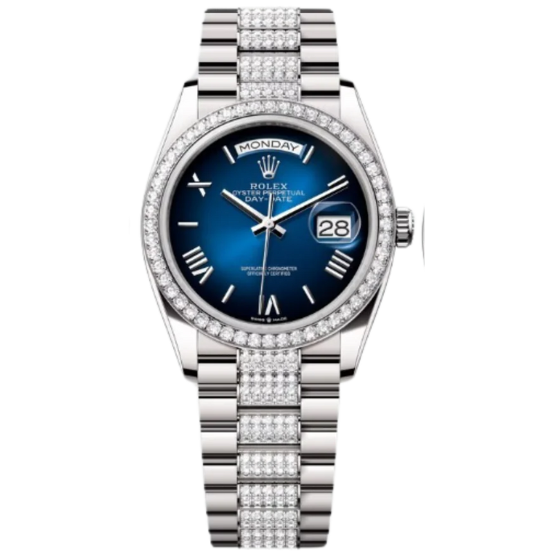Rolex Day-Date Ref. 128349RBR 36MM White Gold Case Ombré Blue Dial Diamond Bezel and Links - Rolex
