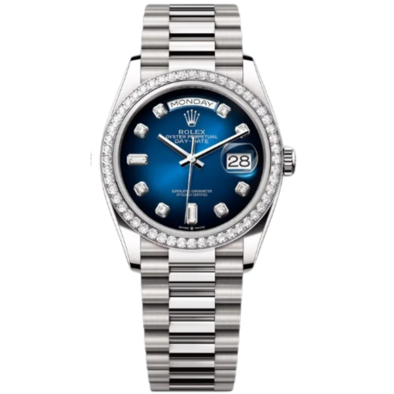 Rolex Day-Date Ref. 128349RBR 36MM White Gold Case Ombré Blue Dial Diamond Bezel and Markers - Rolex