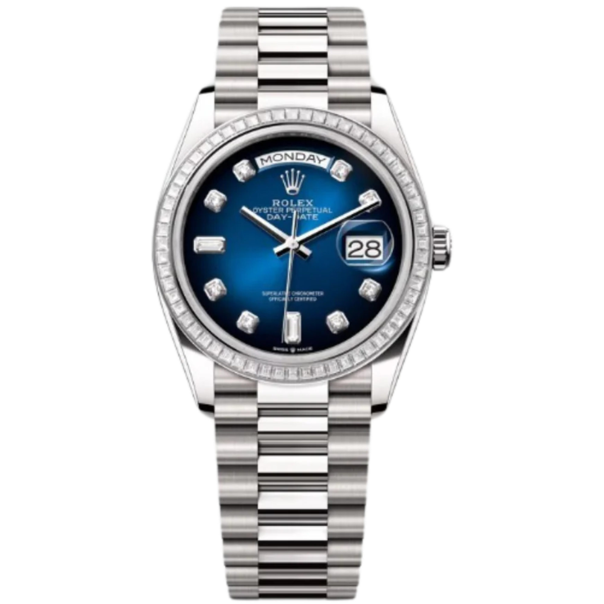 Rolex Day-Date Ref. 128399TBR 36MM White Gold Case Ombré Blue Dial Diamond Bezel and Markers - Rolex