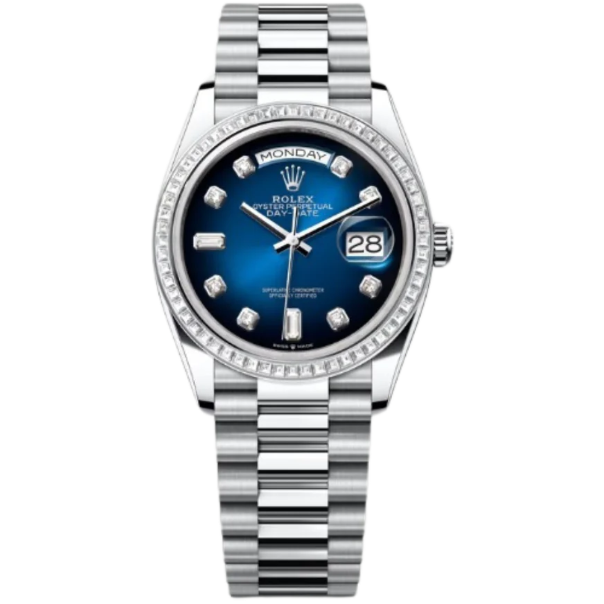 Rolex Day-Date Ref. 128396TBR 36MM Platinum Ombré Blue Dial Diamond Bezel and Markers - Rolex
