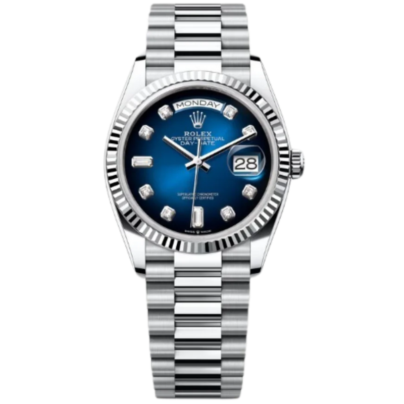 Rolex Day-Date Ref. 128236 36MM Platinum Ombré Blue Dial Diamond Markers - Rolex