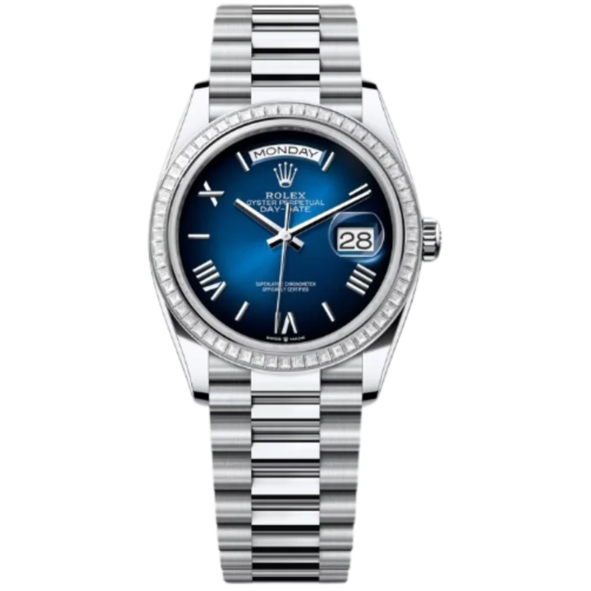 Rolex Day-Date Ref. 128396TBR 36MM Platinum Ombré Blue Dial Diamond Set Bezel - Rolex