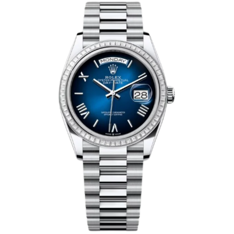 Rolex Day-Date Ref. 128396TBR 36MM Platinum Ombré Blue Dial Diamond Set Bezel - Rolex
