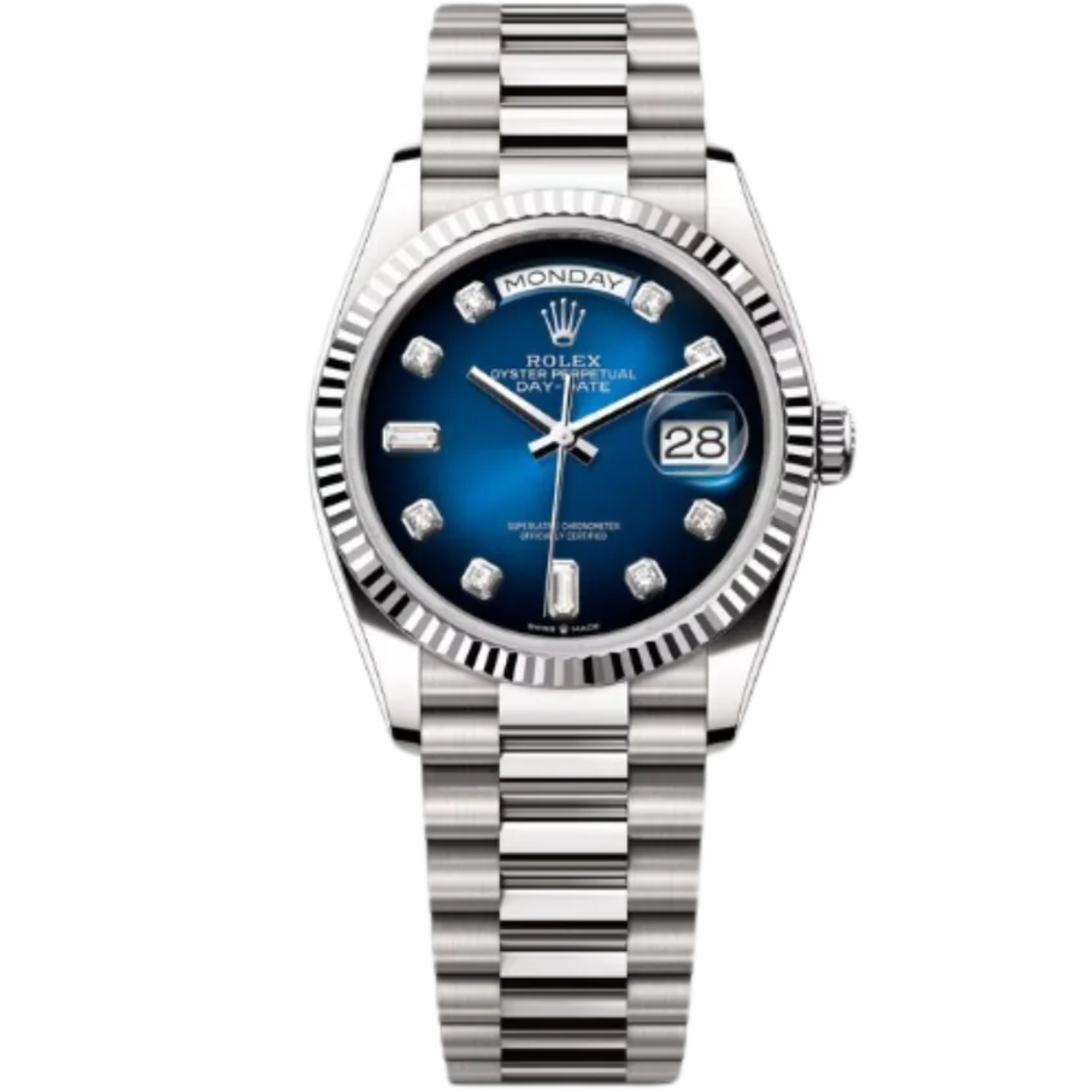 Rolex Day-Date Ref. 128239 36MM White Gold Case Ombré Blue Dial Diamond Markers - Rolex