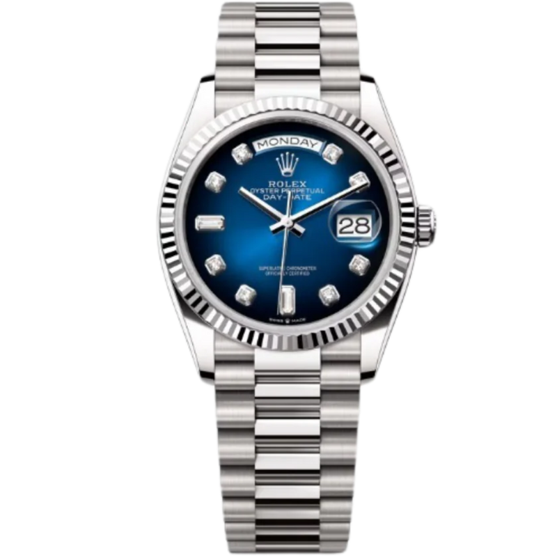 Rolex Day-Date Ref. 128239 36MM White Gold Case Ombré Blue Dial Diamond Markers - Rolex