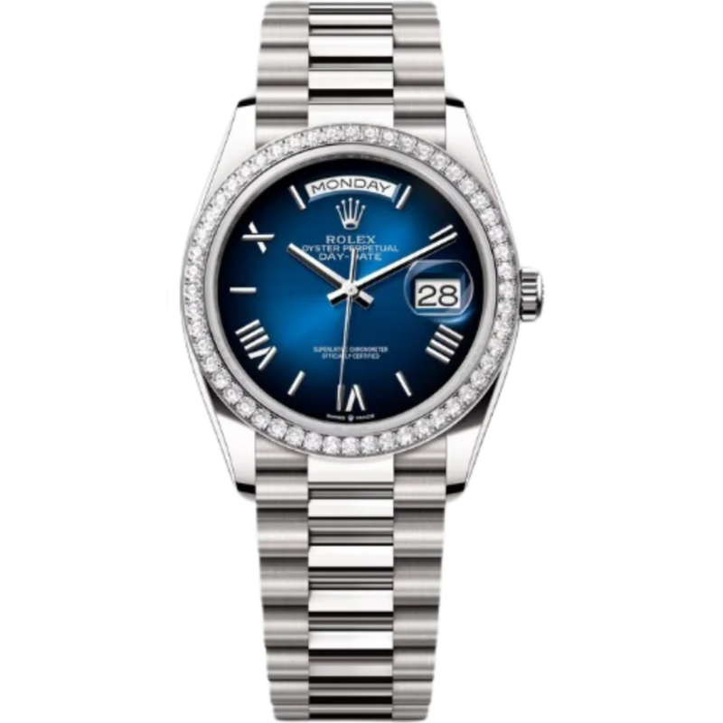 Rolex Day-Date Ref. 128349RBR 36MM White Gold Case Ombré Blue Dial Diamond Set Bezel (Copy) - Rolex
