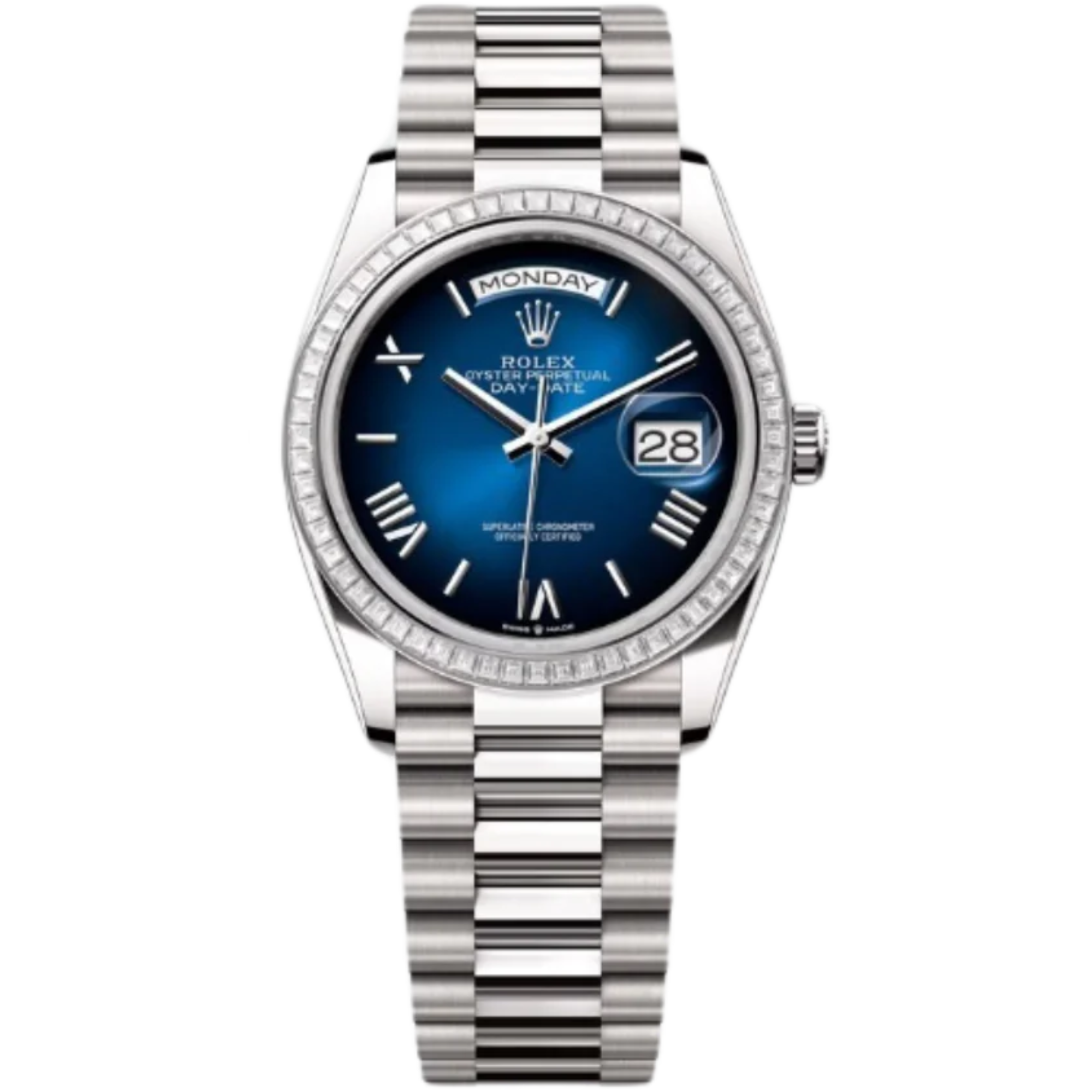 Rolex Day-Date Ref. 128399TRB 36MM White Gold Case Ombré Blue Dial Diamond Set Bezel - Rolex