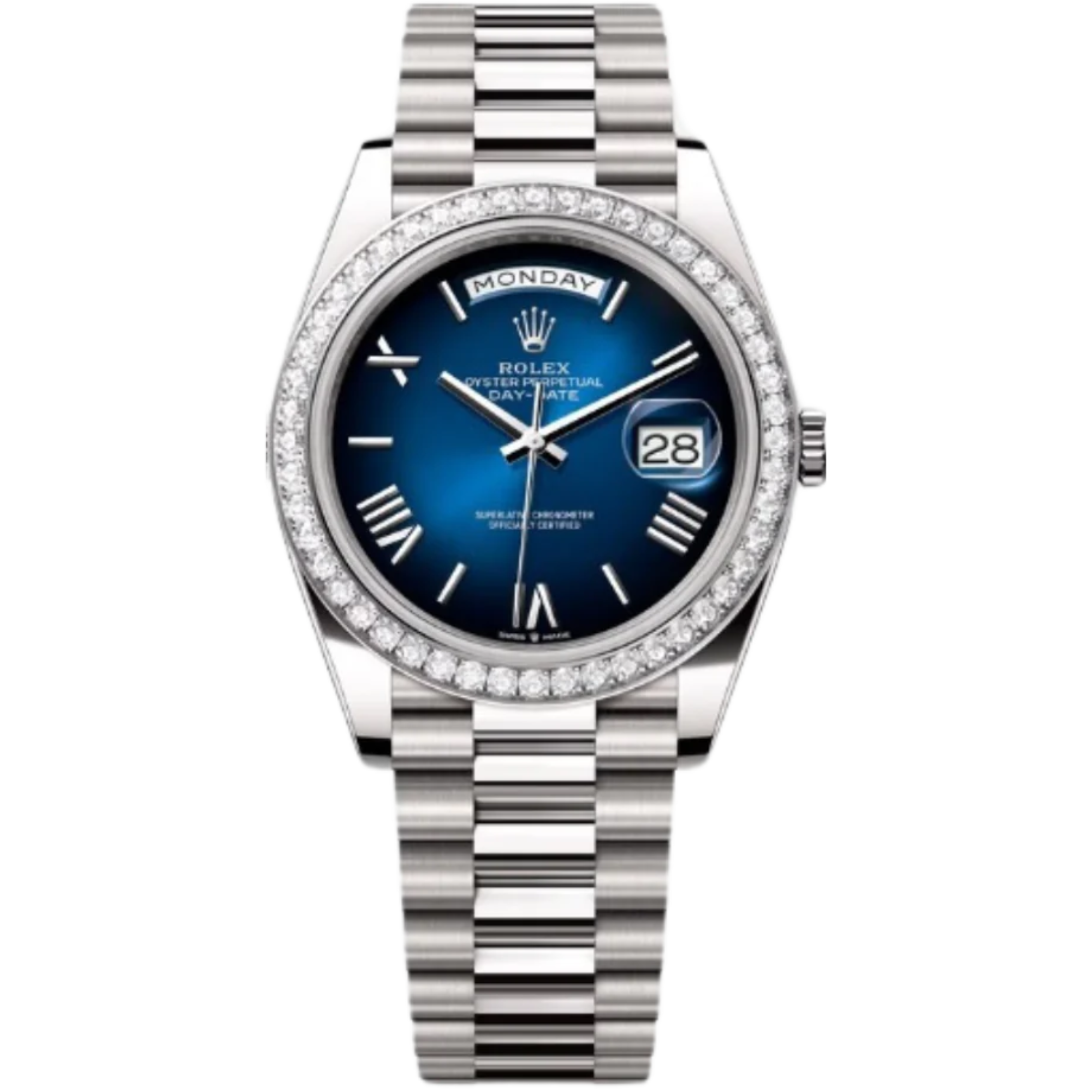 Rolex Day-Date Ref. 228249RRB 40MM White Gold Case Ombré Blue Dial Diamond Set Bezel - Rolex