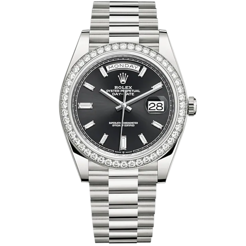 Rolex Day Date Ref. 228349RBR White Gold Black Dial with Baguette Markers/Diamond Bezel - Rolex