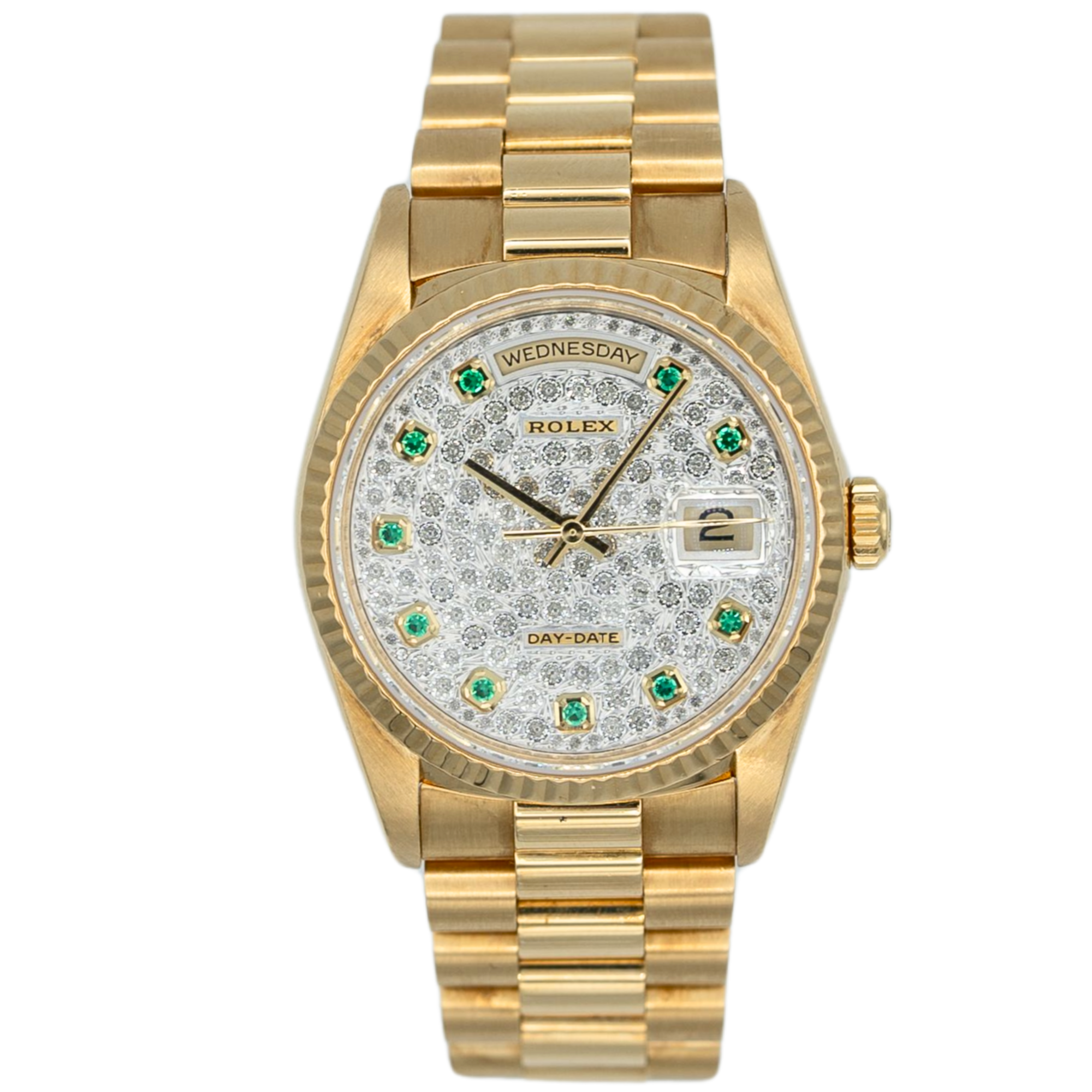 RolexDay Date Ref. 18238 36MM Yellow Gold Emerald Markers Factory Pave Set Dial - Rolex