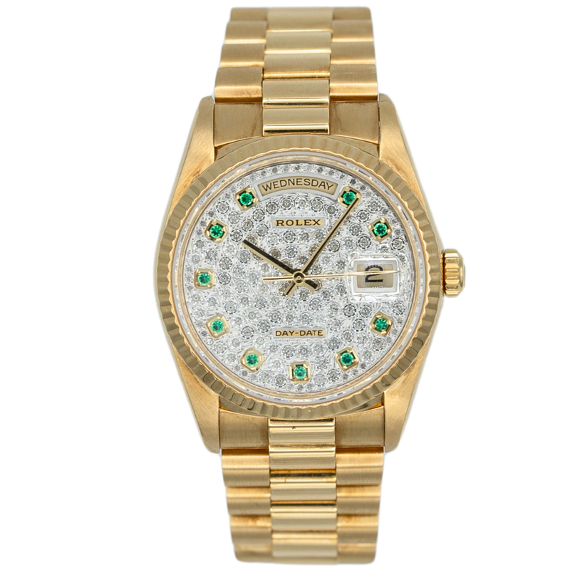 RolexDay Date Ref. 18238 36MM Yellow Gold Emerald Markers Factory Pave Set Dial - Rolex