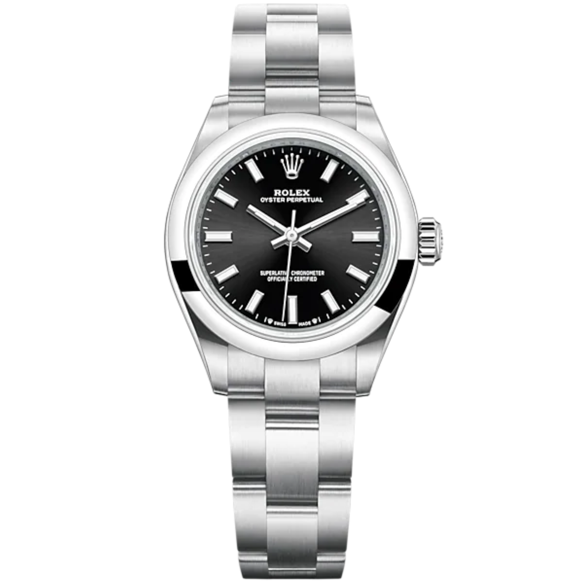 Oyster Perpetual 28 28m Oyster Bracelet Oystersteel with Bright Black Dial Domed Bezel - Rolex