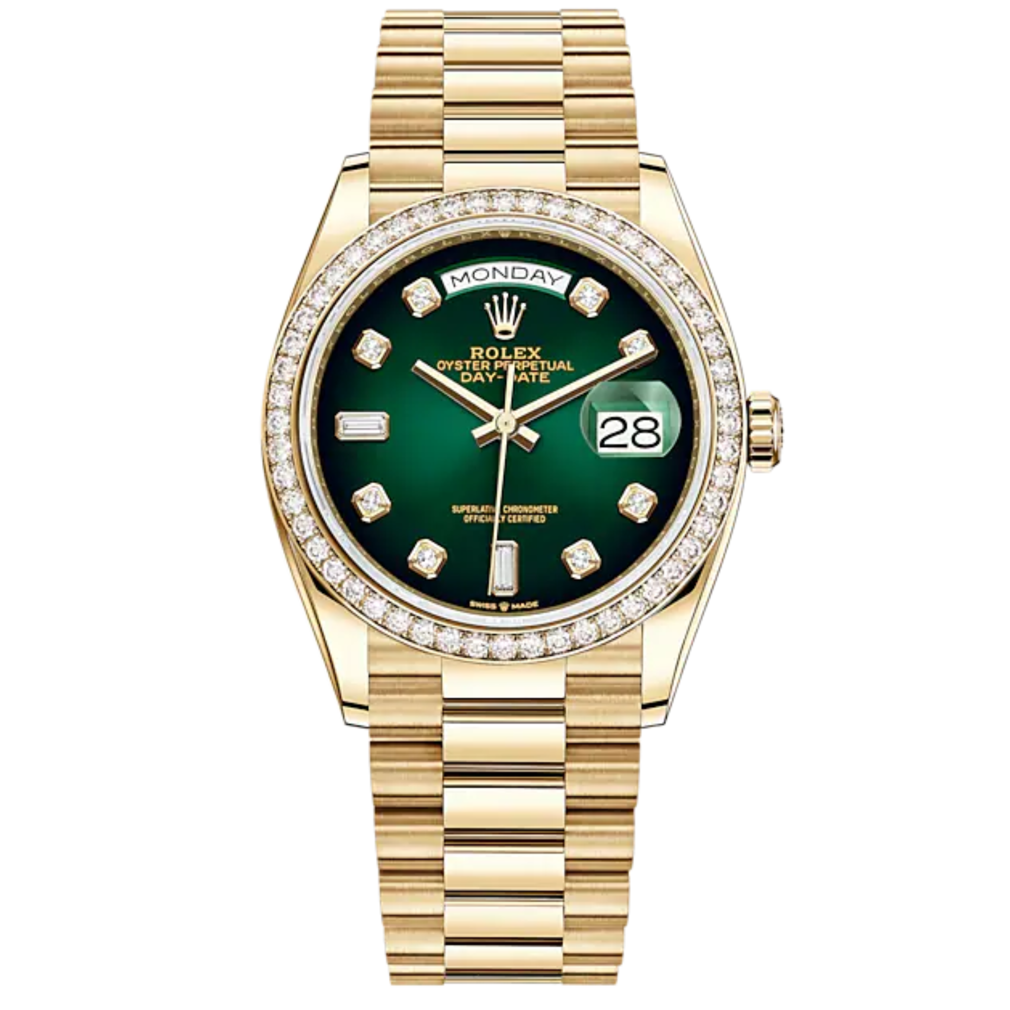Rolex Day Date Ref. 128348RBR 36MM Yellow Gold Ombre Green Dial with Diamond Bezel/Markers - Rolex