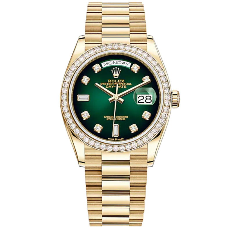 Rolex Day Date Ref. 128348RBR 36MM Yellow Gold Ombre Green Dial with Diamond Bezel/Markers - Rolex