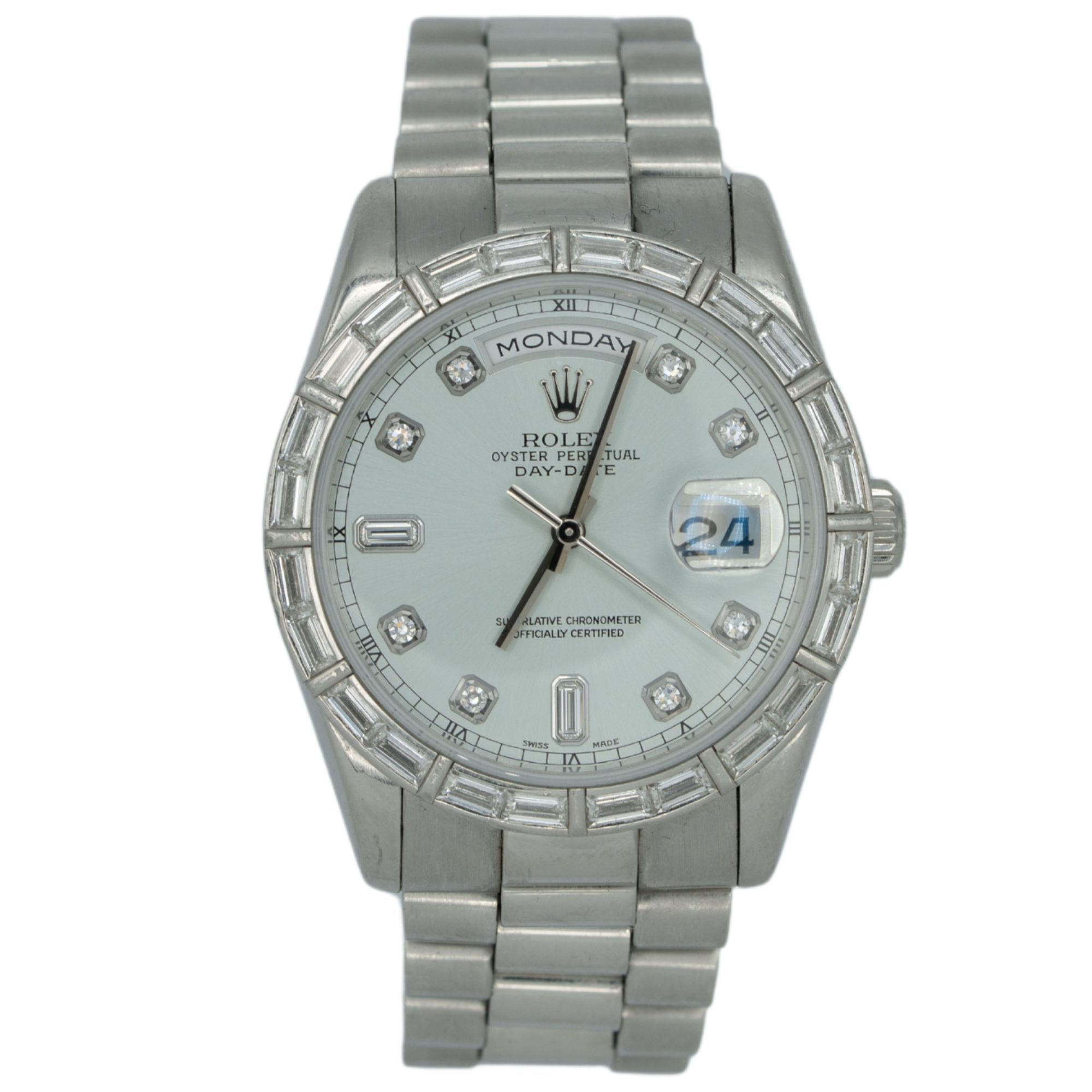 Rolex Day Date Ref. 118366 Platinum Silver Dial with Baguette Bezel/Markers - Rolex