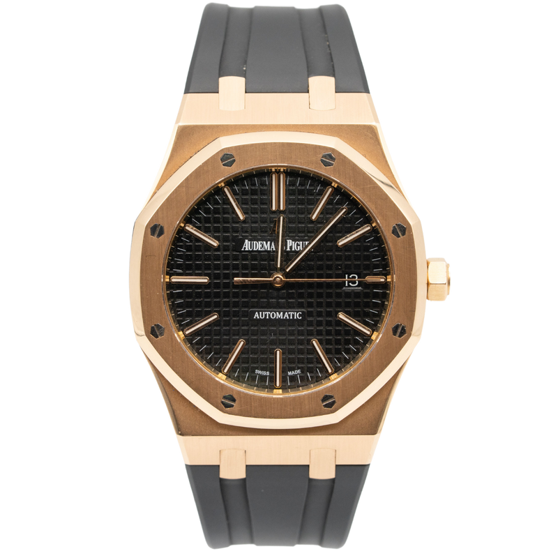 Audemars Piguet Royal Oak Ref. 15400OR.OO.D002CR.01 41MM Rose Gold Black Dial On Black Rubber Strap - Audemars Piguet