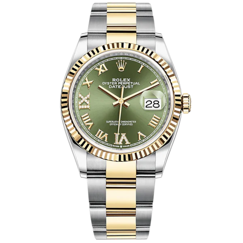 Datejust 36 36mm Oyster Bracelet Oystersteel and Yellow Gold with Olive-Green Diamond-Set Dial Fluted Bezel - Rolex