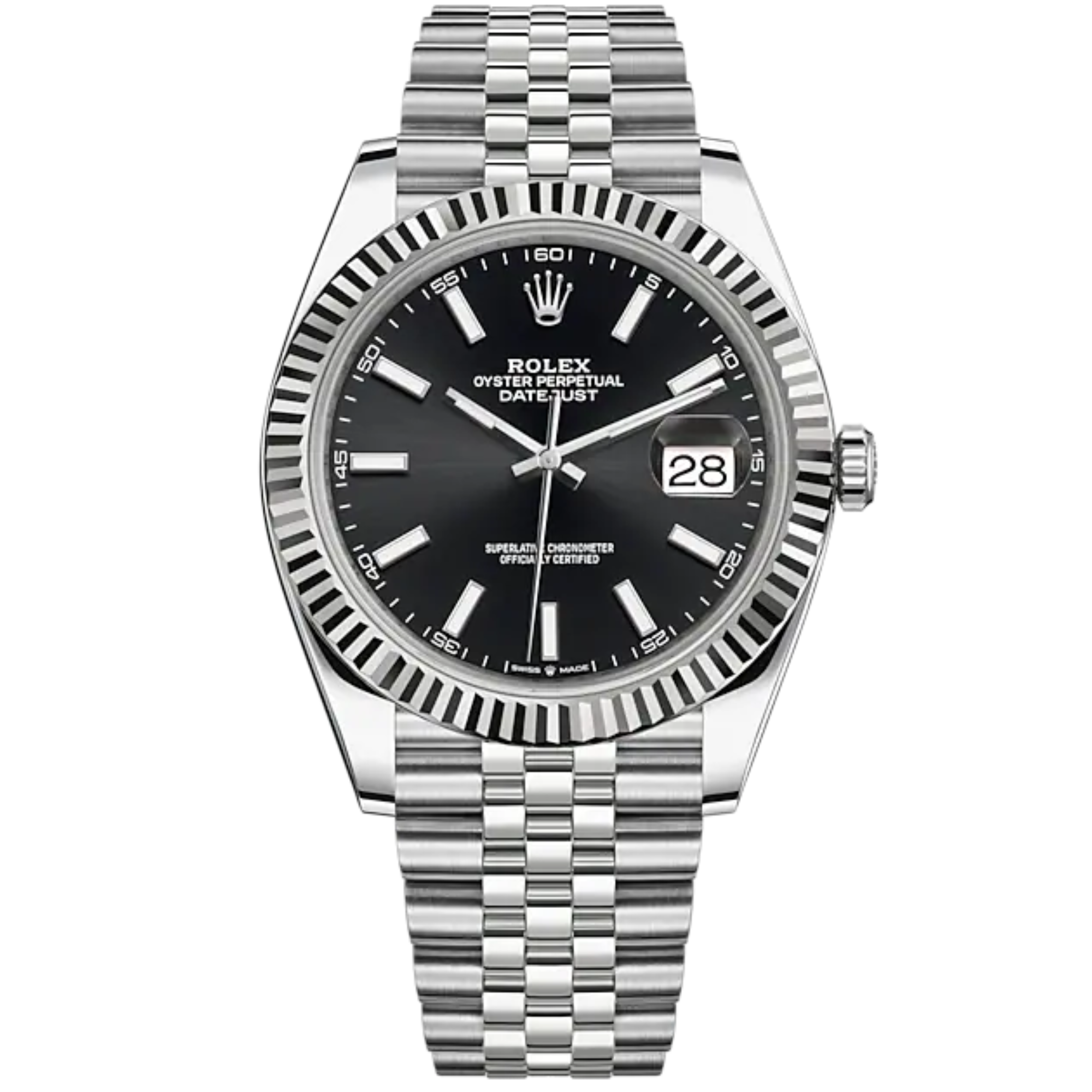 Datejust 41 41mm Jubilee Bracelet Oystersteel and White Gold with Bright Black Dial Fluted Bezel - Rolex