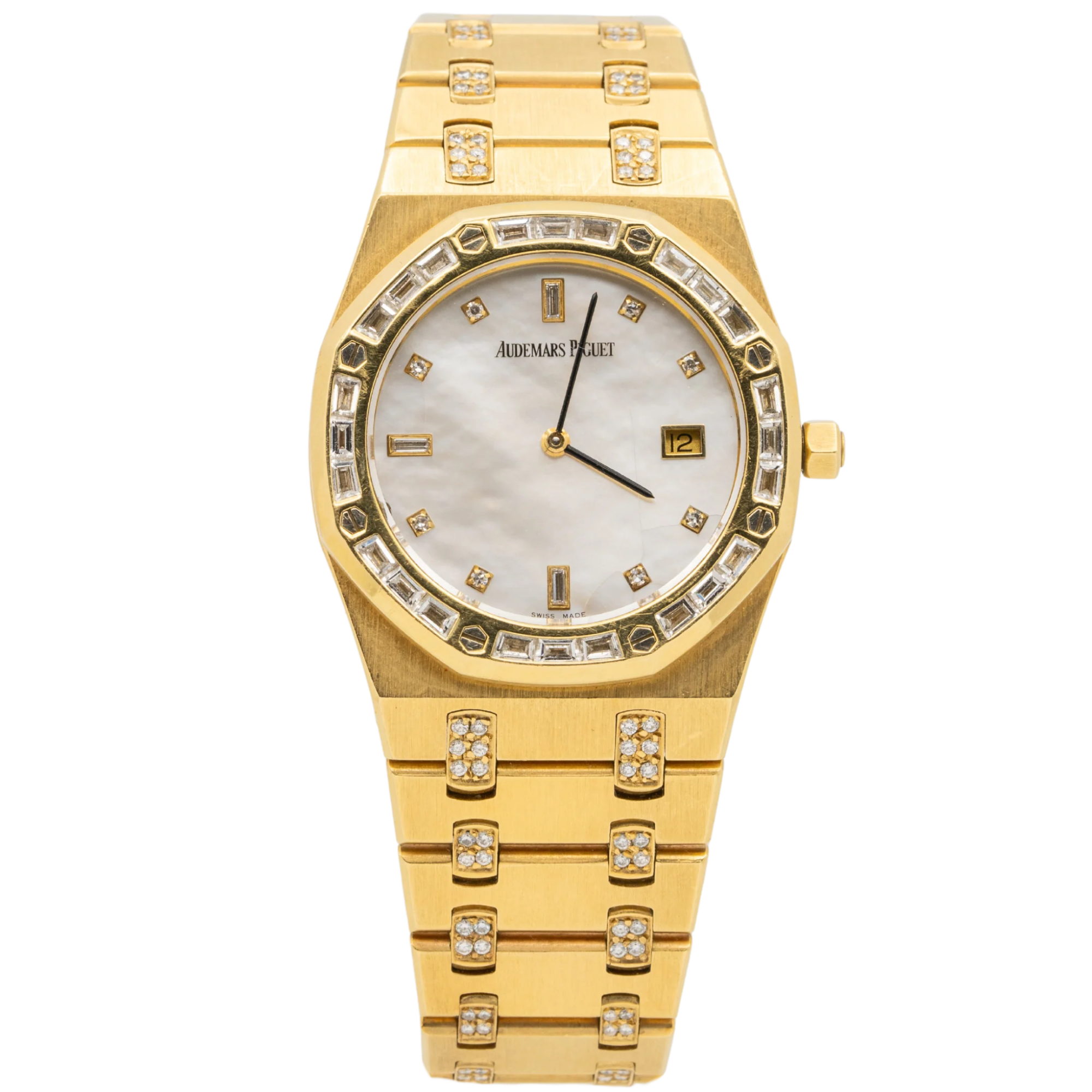 Audemars Piguet	Royal Oak Ref. 56602BA.ZZ.0789BA.04 33MM Yellow Gold Ladies  Factory Set Baguette Bezel and Bracelet with Mother of Pearl Dial - Audemars Piguet