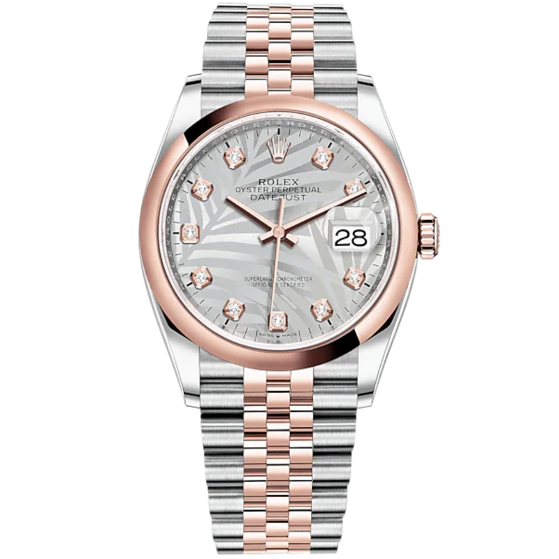Datejust 36 36mm Oystersteel Everose Gold Jubilee Bracelet Silver Palm-Motif Dial Domed Bezel - Rolex
