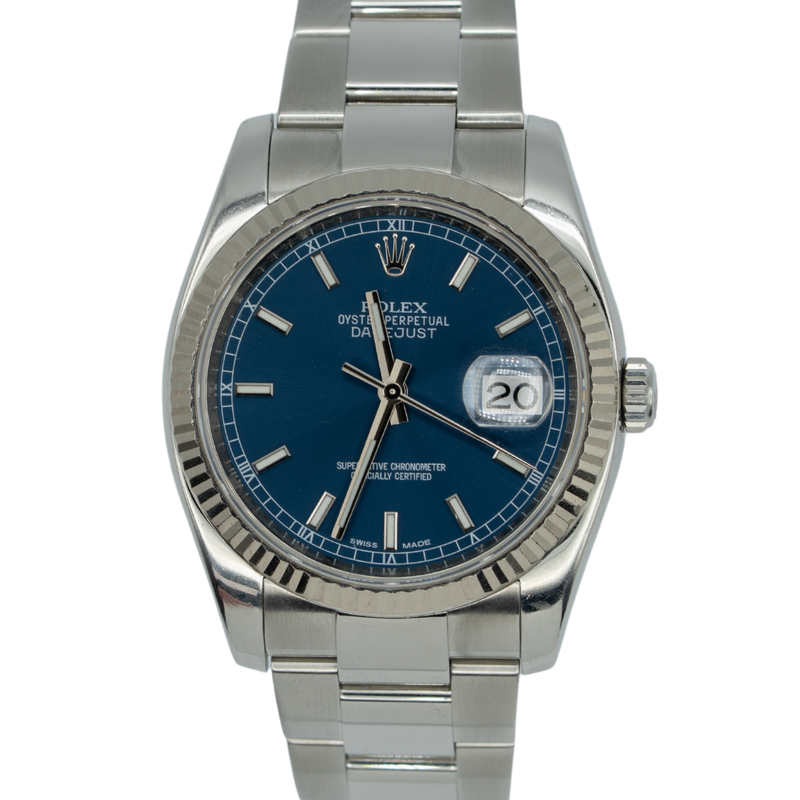 Rolex Datejust Ref. 116234 36MM Stainless Steel Blue Dial Fluted Bezel Roulette Date Wheel on Oyster - Rolex