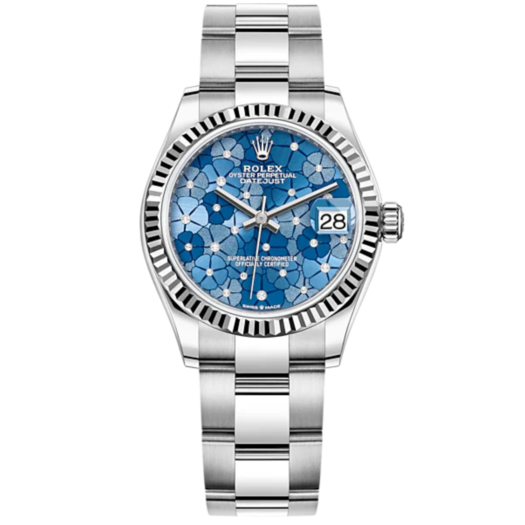 Datejust 31 31MM Oyster Bracelet Oystersteel and White Gold With Blue Dial Fluted Bezel - Rolex