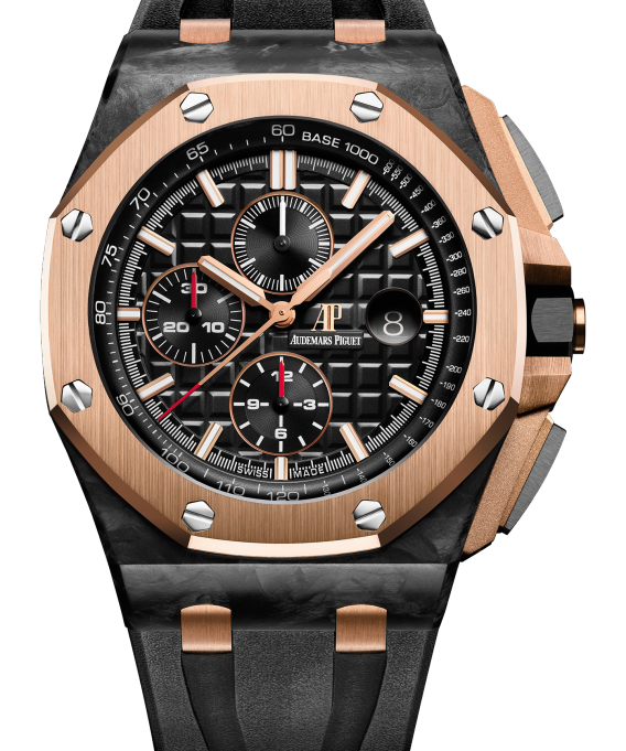 Royal Oak Offshore Chronograph Qe II Cup 2016 44MM Black Rubber Strap Black Dial With Méga Tapisserie Pattern Forged Carbon Case 18-Carat Pink Gold Bezel - Audemars Piguet